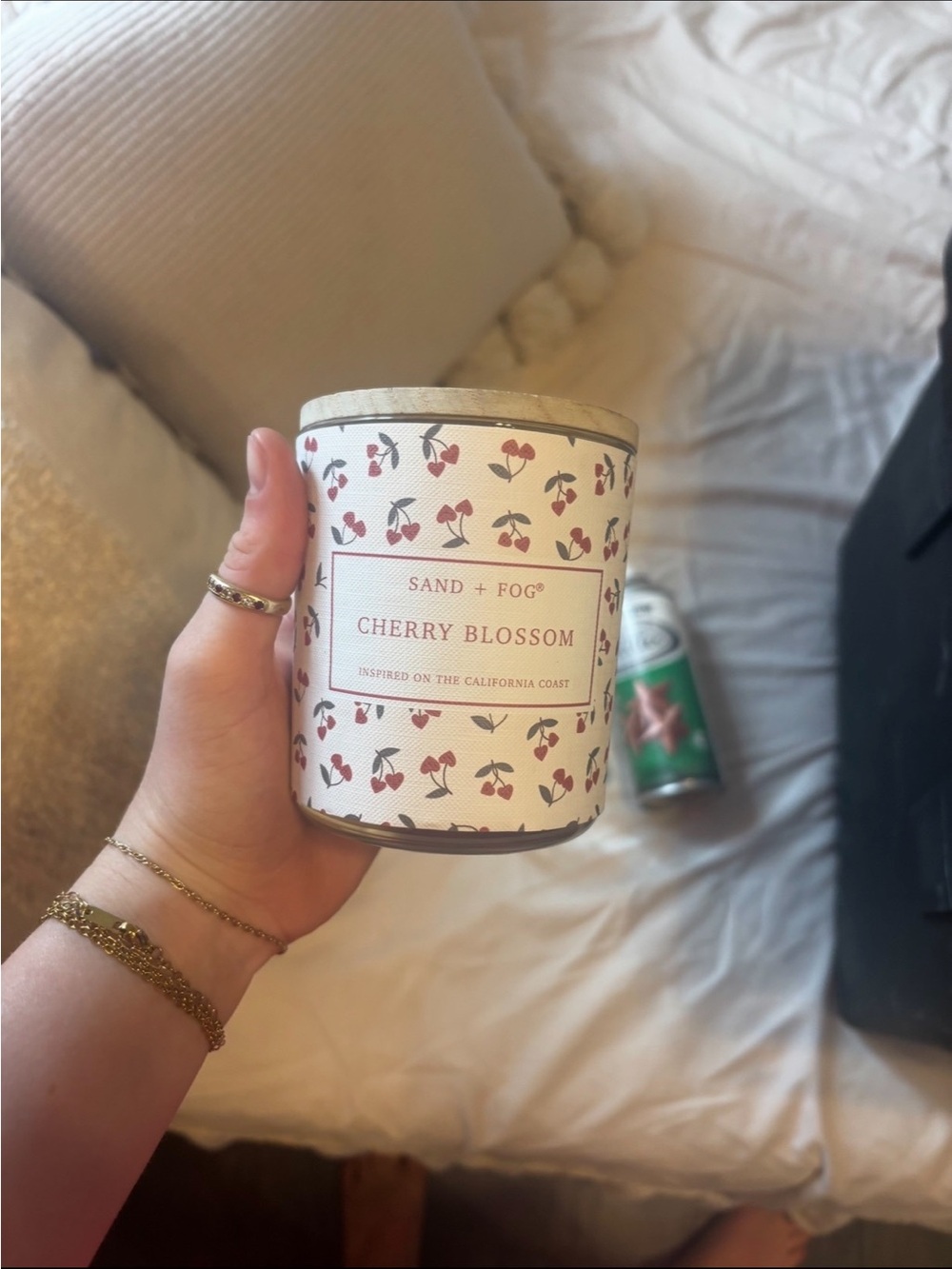 SAND + FOG Cherry Blossom Candle - White with Red Cherry Print